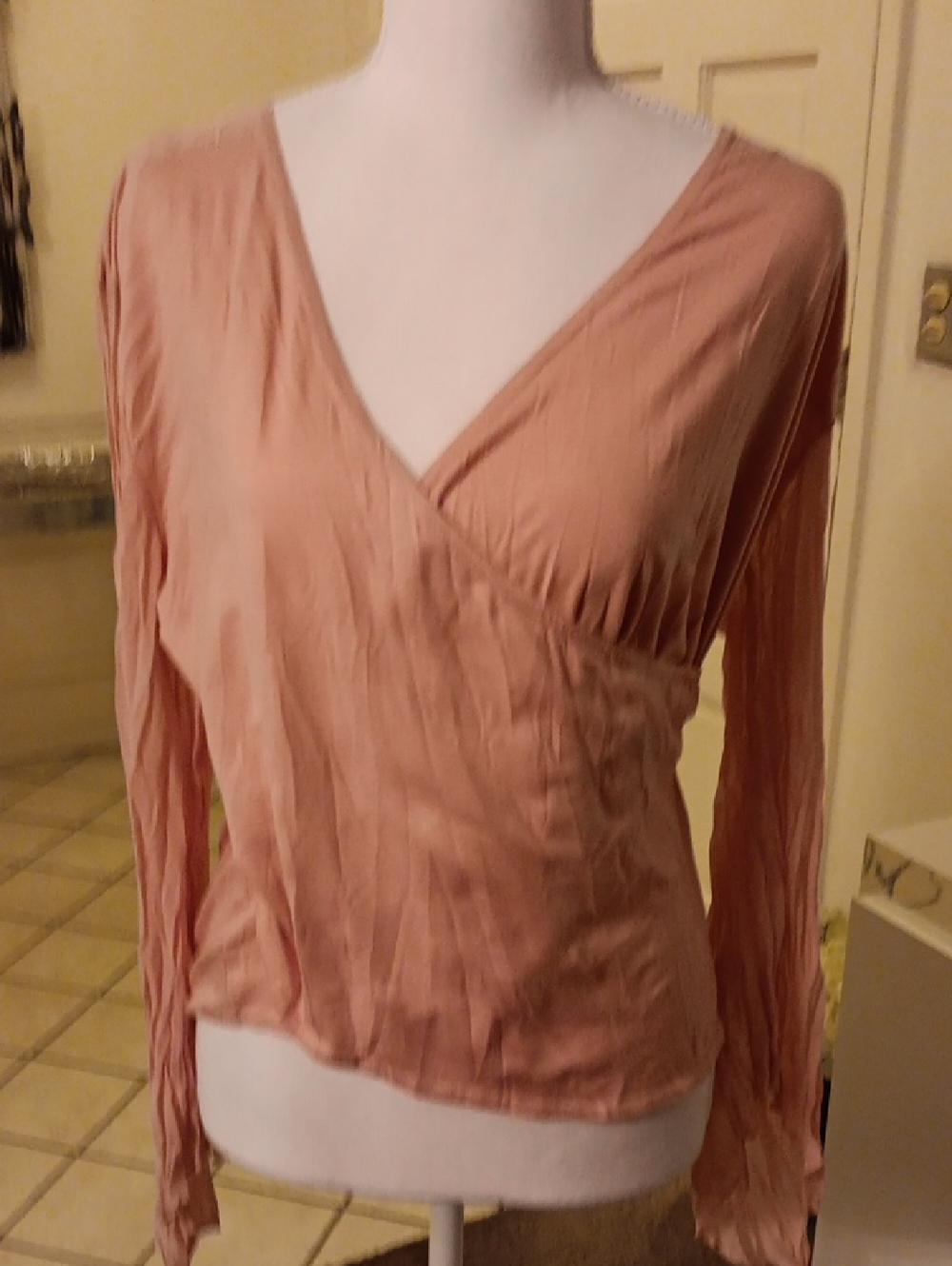 Women's Blush Wrap-Style Long  Pleated   sheer sleves blouse